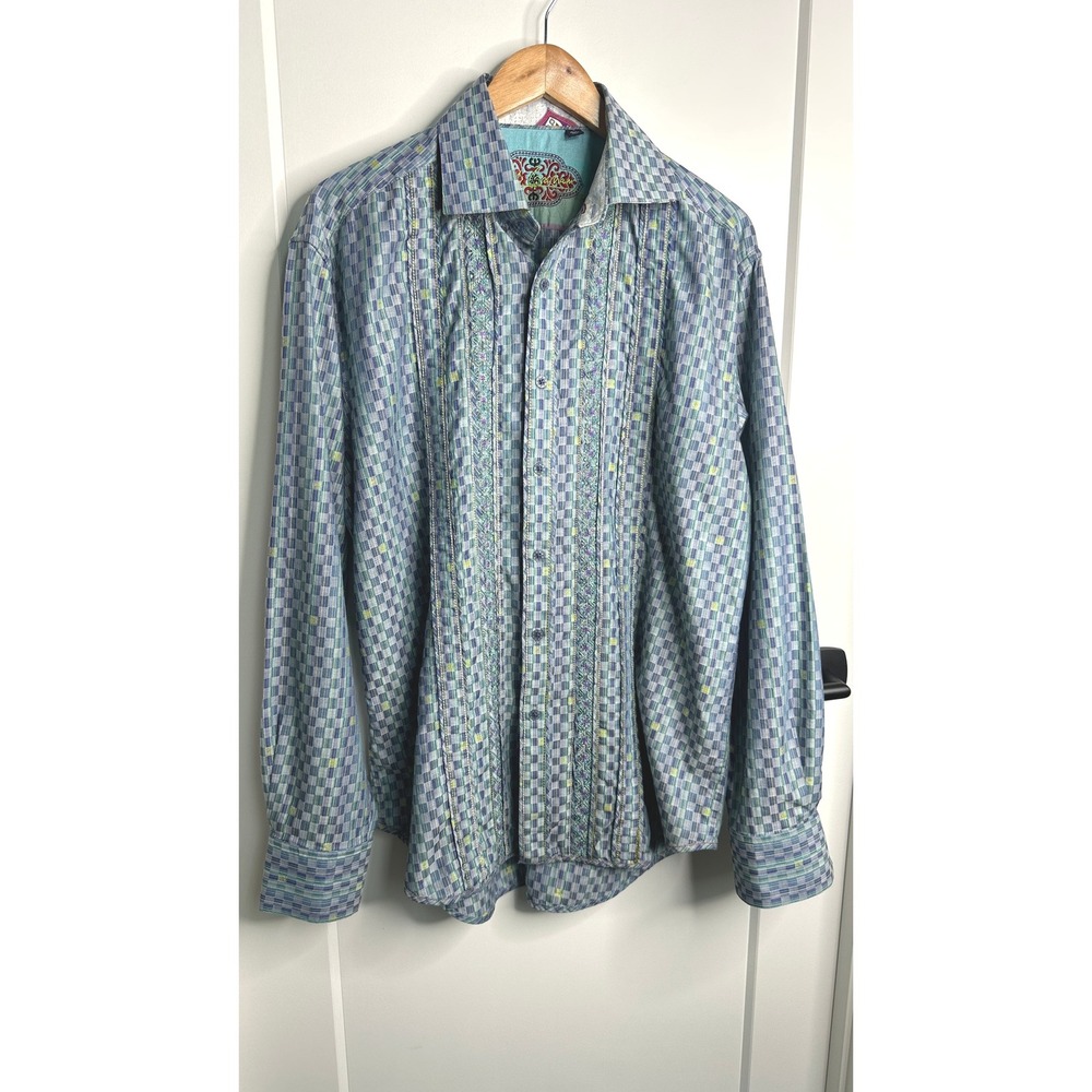 Robert Graham Button Down Shirt Blue Checkered Embriodered‎  Rare Pintucked L